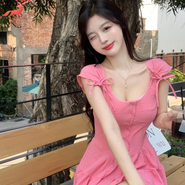 Đầm Cổ Vuông Phối Bèo Thời Trang Mùa Hè Cho Nữ
