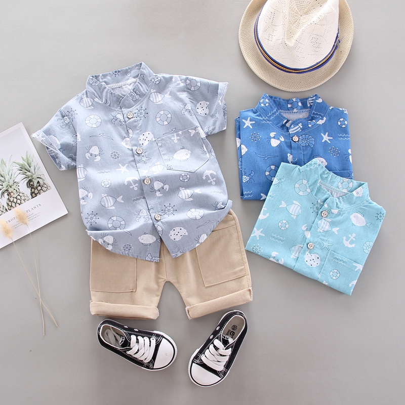 Set Đồ Mùa Hè 2 Món Gồm Áo Sơ Mi In Họa Tiết Thú Hoạt Hình + Quần Ngắn Cho Bé Trai 0-4