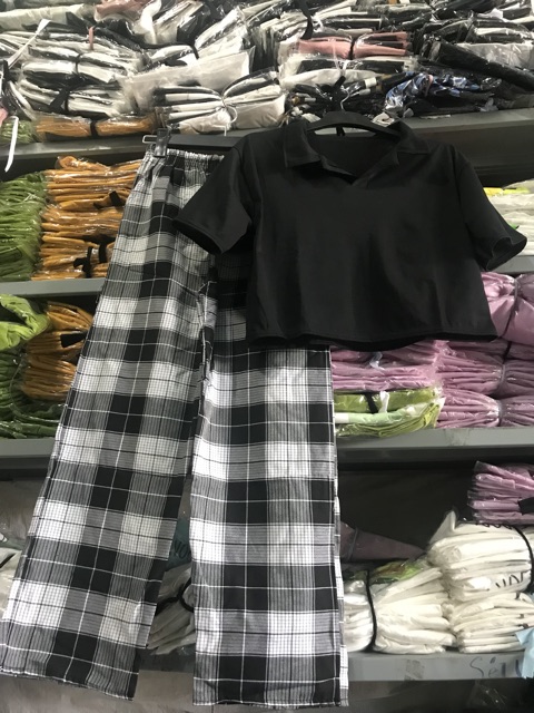 Sét áo polo croptop +quần kẻ karo