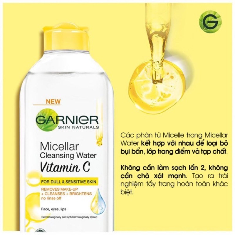 Size du lịch Nước tẩy trang Garnier làm sạch sâu dịu nhẹ &amp; sáng da Vitamin C