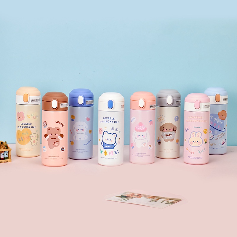 380Ml Hoạt Hình Dễ Thương Thép Không Gỉ 304 Một Đẩy Tumbler Nhiệt Bình Nước Có Ống Hút Quà Tặng Sinh Nhật Mini cốc Cà Phê Không Rò Rỉ Nhiệt Bình Flowerdance