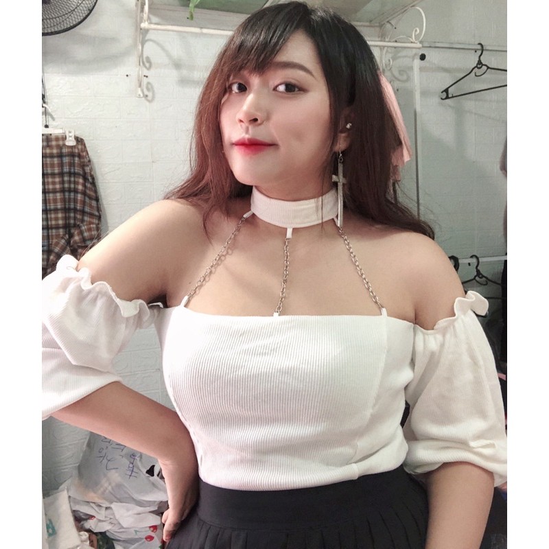 Áo choker trễ vai phối xích ( size to)