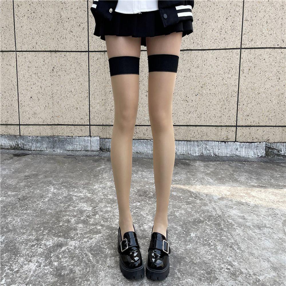 MOCHO Vớ Lụa Đen Dài Qua Gối Thoáng Khí Họa Tiết Kẻ Sọc Phong Cách Harajuku Đường Phố Hàn Quốc Gợi Cảm