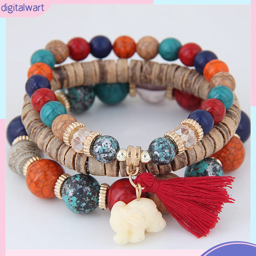 Set 3 Vòng Tay Chuỗi Hạt Nhựa Nhiều Lớp Phong Cách Bohemia Cho Nữ