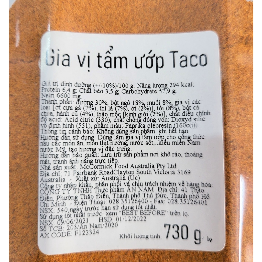 [HỘP LỚN 730g] BỘT GIA VỊ TẨM ƯỚP TACO [Australia] MCCORMICK Taco Seasoning