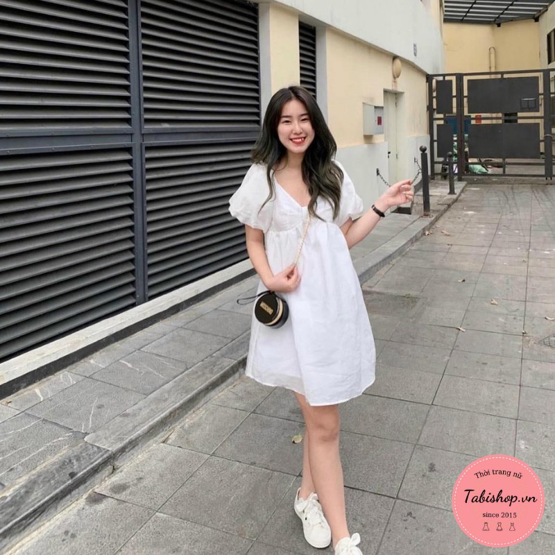 Váy nữ màu trắng đầm babydoll cổ V tay phồng hàng may 2 lớp siêu xinh