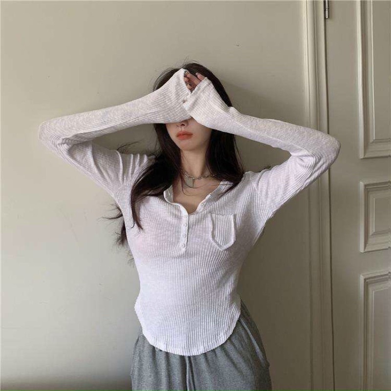 Áo tay dài vạt bầu đắp túi chỉ nổi chất thun gân - A0N