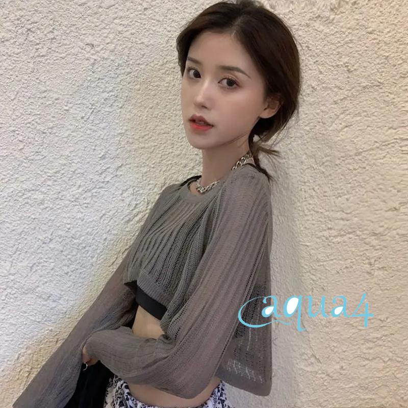 Áo Croptop Dệt Kim Tay Dài Cổ Tròn Màu Trơn Thời Trang Đi Biển Mùa Hè