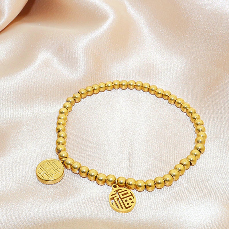 Vòng tay titan nữ không gỉ mạ vàng 18k mặt chữ phúc hỉ may mắn phong cách thời trang cổ điển