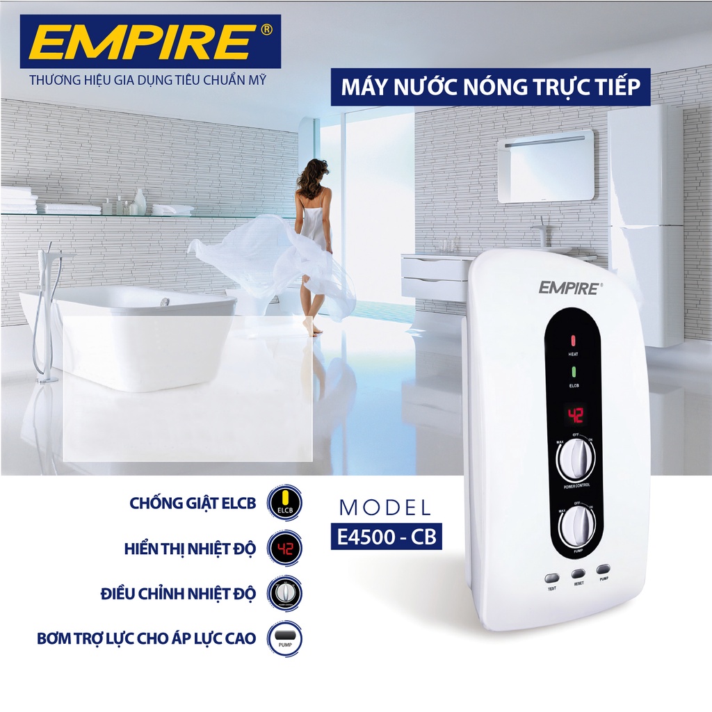 Máy nước nóng trực tiếp có bơm trợ lực, hiển thị nhiệt độ EMPIRE E4500-CB