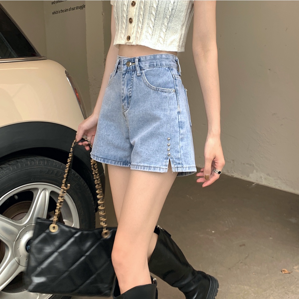 Quần short denim Xiaozhainv lưng cao ống rộng xẻ tà thời trang mùa hè cho nữ