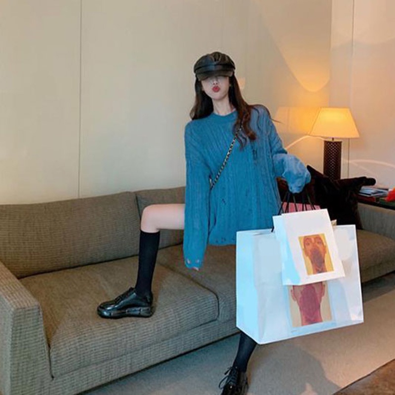 Áo sweater IELGY dệt kim cổ tròn tay dài kiểu mỏng có khoét rỗng