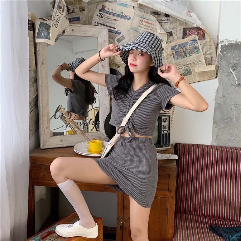 Set đồ nữ TABISHOP set váy áo croptop rút dây phong cách ulzzang Hàn quốc đi chơi đi học siêu xinh