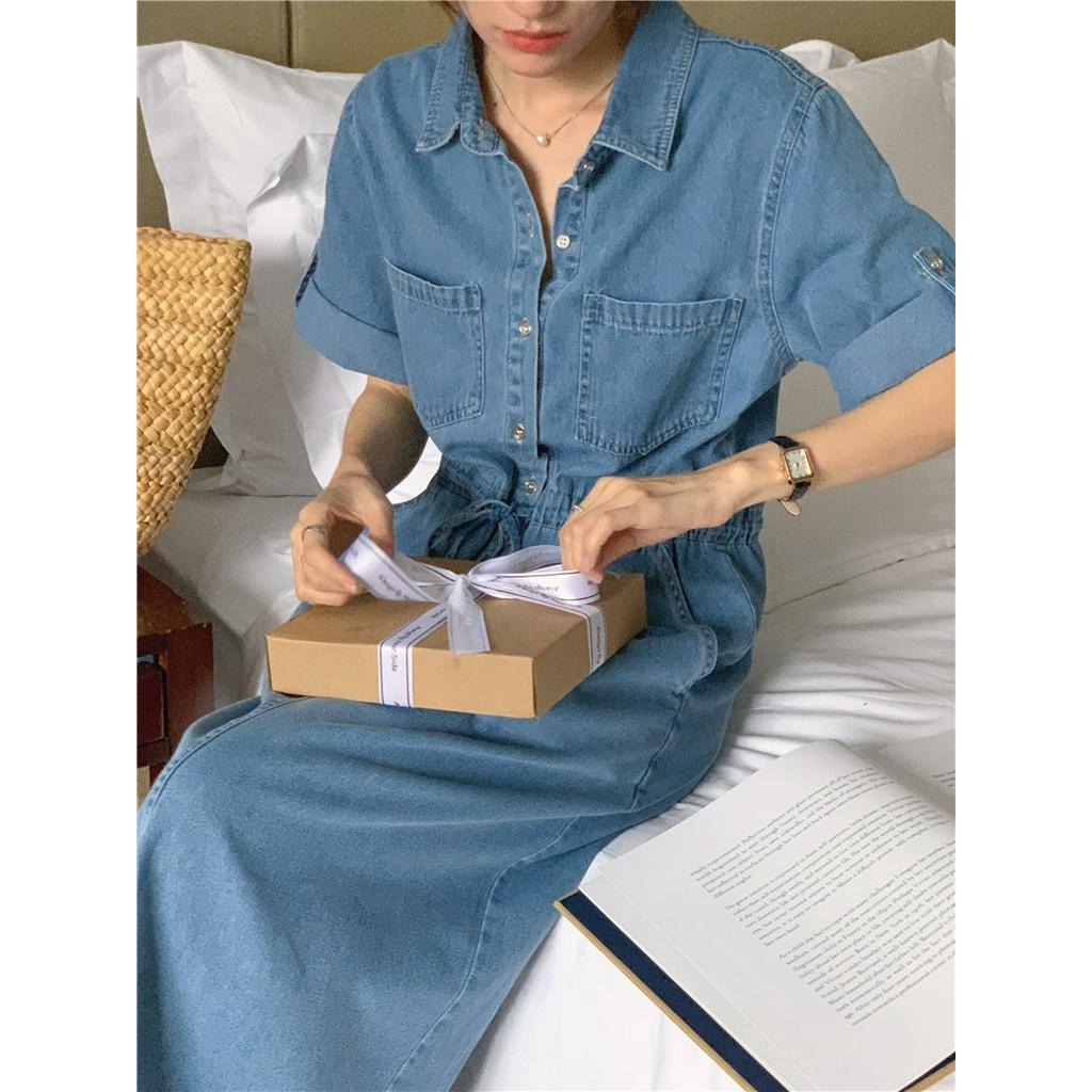 Đầm Denim Tay Ngắn Dáng Rộng Cột Dây Eo Phong Cách Hàn Quốc Thời Trang 52118