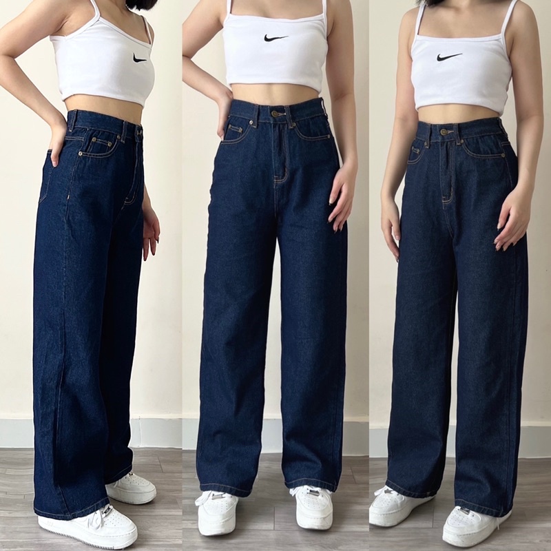 [NEW] Quần jean nữ lưng siêu cao dáng ống rộng màu xanh đậm, hàng cao cấp - Ms04