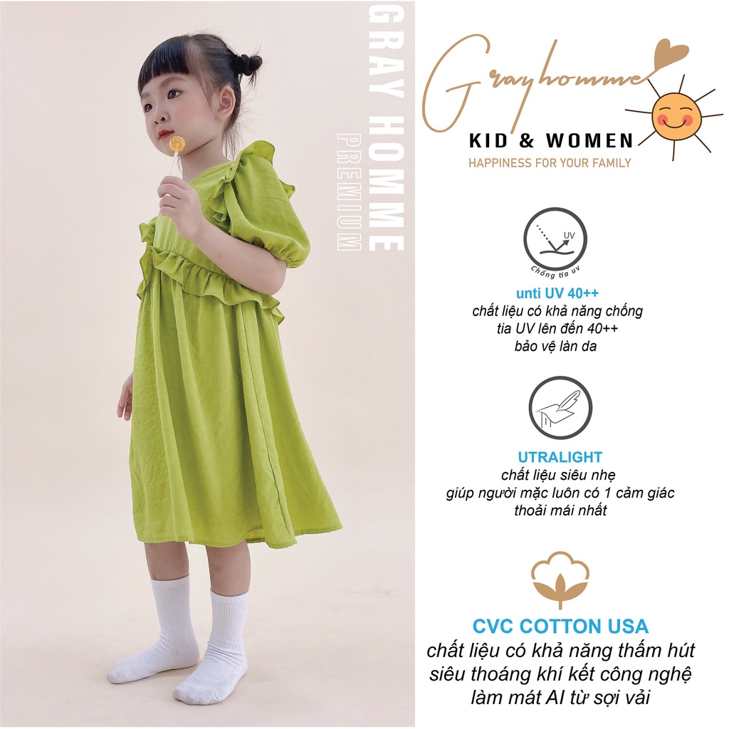 Váy bé gái GRAYHOMME Trơn Nhún Bèo Tiểu Thư, dáng rộng, chất Thô cotton thoáng mát thấm hút mồ hôi tốt (VK009)