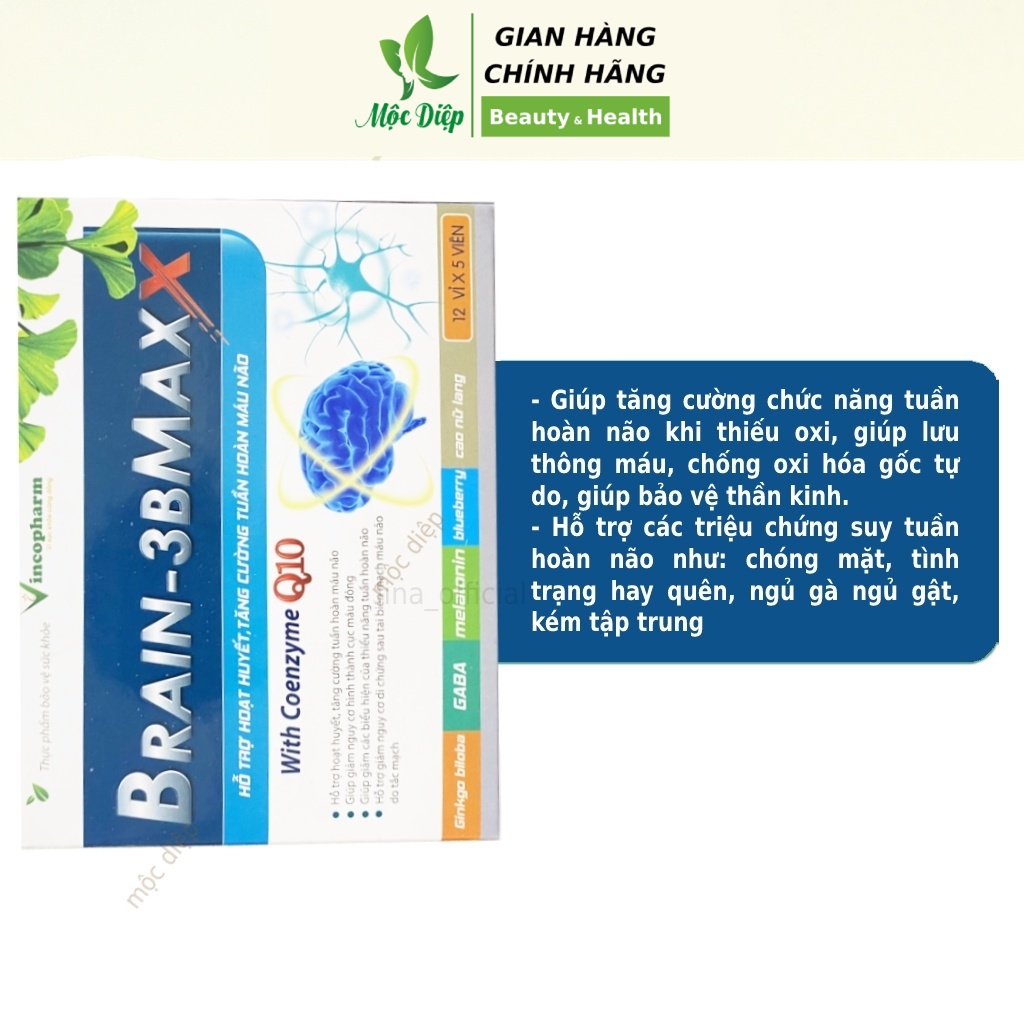Viên uống bổ não - Hoạt huyết dưỡng não Brain 3B Max - Tuần hoàn máu não - Hỗ trợ tiền đình - Mộc Diệp