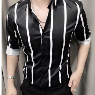 Áo sơ mi nam đen sọc trắng