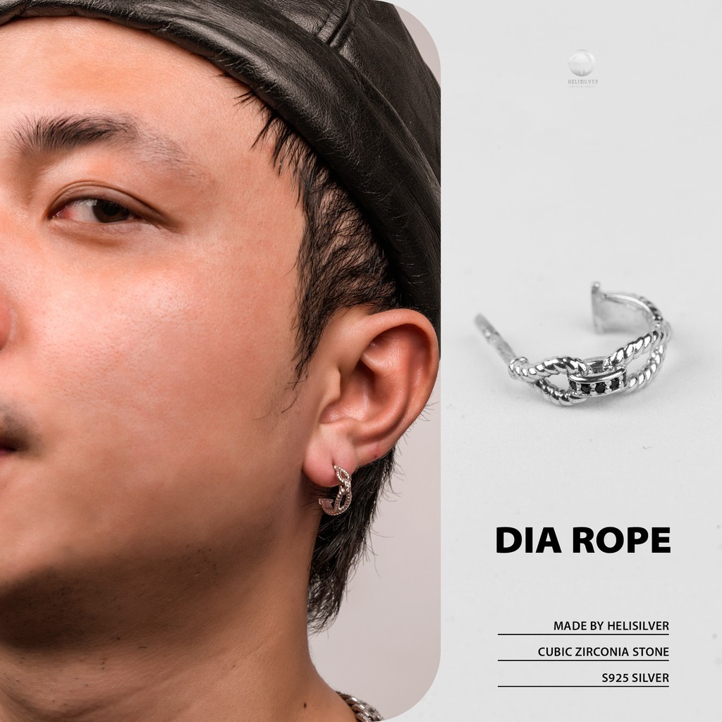 Khuyên tai bạc nam, nữ HeliSilver Dia Rope đá đen S925 KTB185