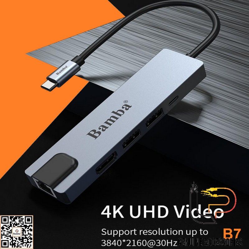 BỘ CHUYỂN USB TYPE-C RA 2 USB 3.0 + 1 USB TYPE-C+1 HDM I+1 RJ45 BAMBA B7