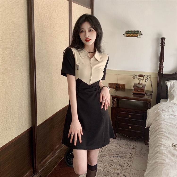 Đầm Tay Ngắn Cổ POLO Màu Sắc Tương Phản Thiết Kế Xẻ Tà Phong Cách Hàn Quốc Cho Nữ