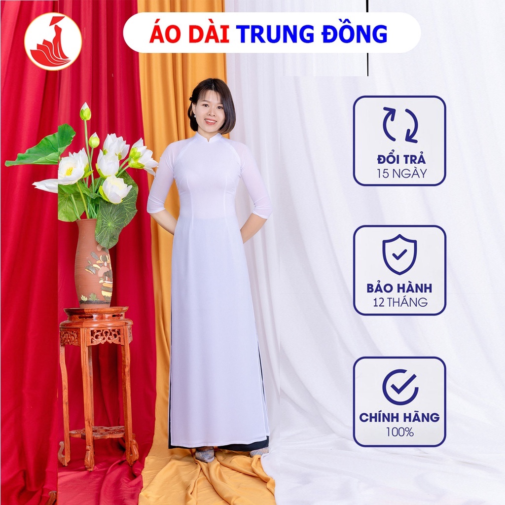 Áo dài trắng trơn 4 tà chất liệu vải Chiffon cổ cao 2.5 cm tay lỡ màu trắng tinh | Áo dài Trung Đồng