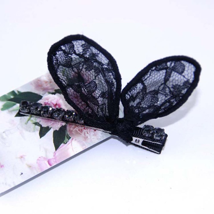 Kẹp tóc nơ ren hình tai thỏ Hàn Quốc đính đá màu đen sang trọng cổ điển - Dây chun buộc tóc co dãn youngcityshop 30.000