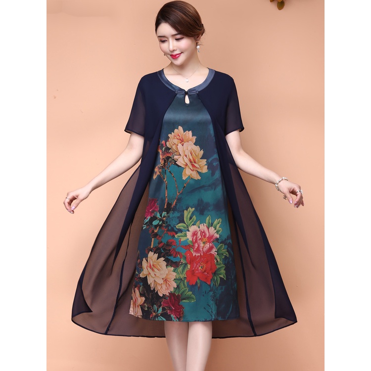 Đầm Lụa Dự Tiệc Dáng Rộng Thời Trang Mùa Hè Cho Nữ Trung Niên