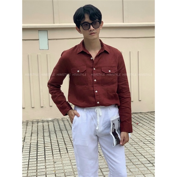 Áo sơmi LINEN 2 túi màu Đỏ Vang Sang Trọng và Lịch Sự