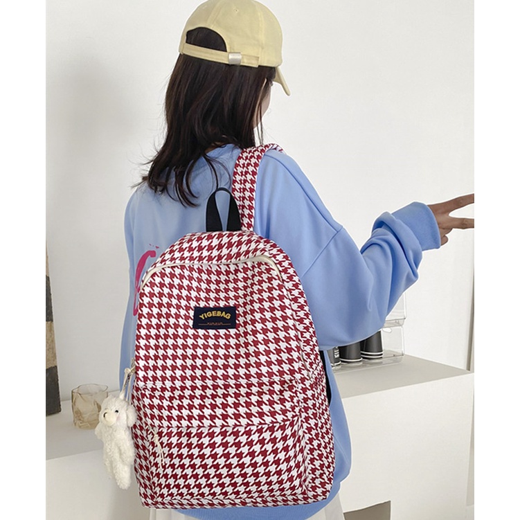 [YIGEBAG] Balo Đi Học Sức Chứa Lớn Họa Tiết Sọc Caro Thời Trang Phong Cách Hàn Quốc Cho Nữ