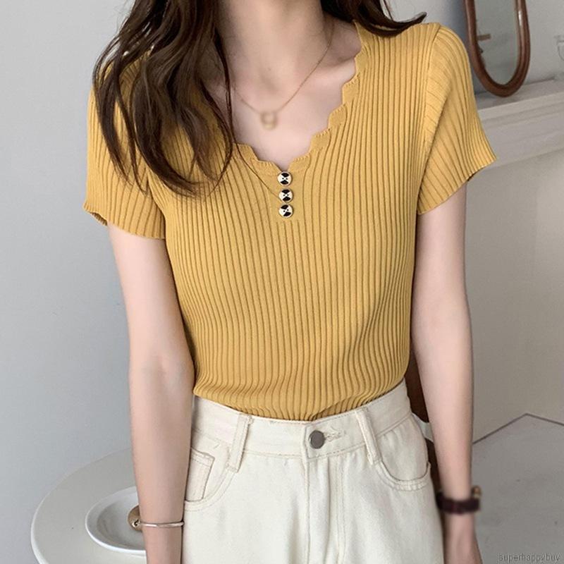 Áo Thun Nữ Ngắn Tay Cổ Chữ V Thời Trang Hàn Quốc