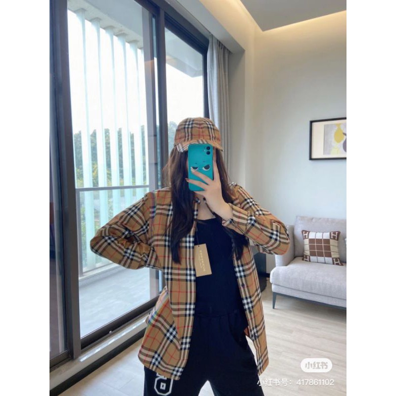 áo sơ mi nam nữ dài tay dáng oversize kẻ caro Burberry BBR