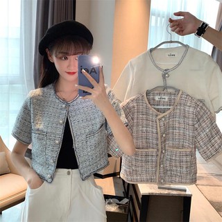 Áo tweed dáng ngắn cổ tròn túi 2 bên nút ngọc trẻ trung (có hình thật)