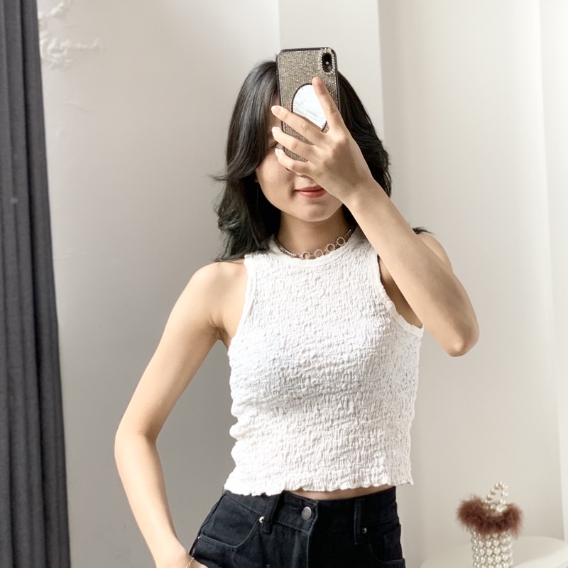 Áo ba lỗ nữ croptop dáng ôm body chất xốp nhăn co dãn 4 chiều hàng Quảng Châu cao cấp | BigBuy360 - bigbuy360.vn