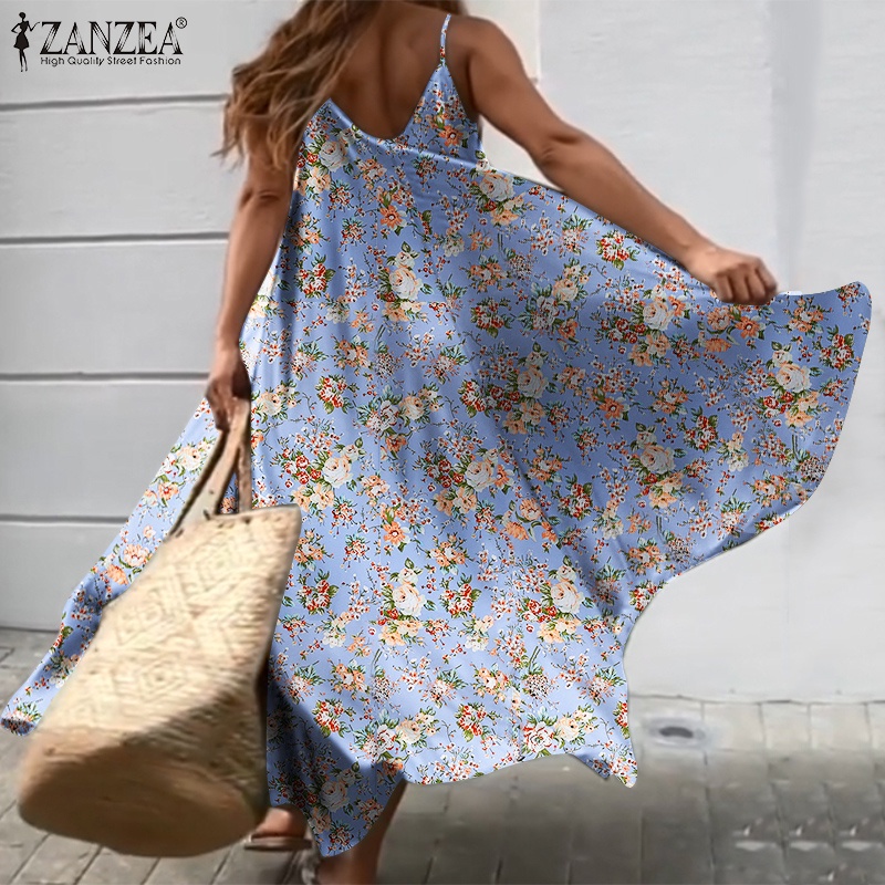 Đầm maxi Zanzea cổ chữ v in họa tiết hoa phong cách bohemian châu âu thời trang thích hợp cho nữ