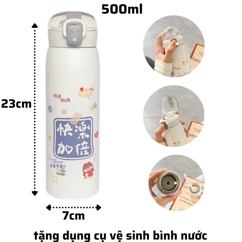 Bình giữ nhiệt INOX 304 phong cách hàn quốc , bình nước có ống hút 500ml có dây