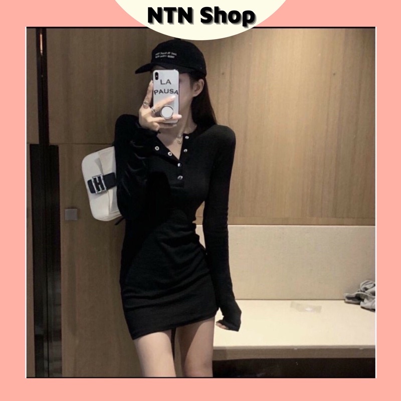Váy dài tay nút bấm body vải co dãn (ap)