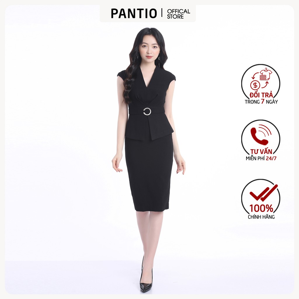 Đầm công sở, chất vải thô, màu nâu gạch và đen, dáng ôm FDC12703 - PANTIO