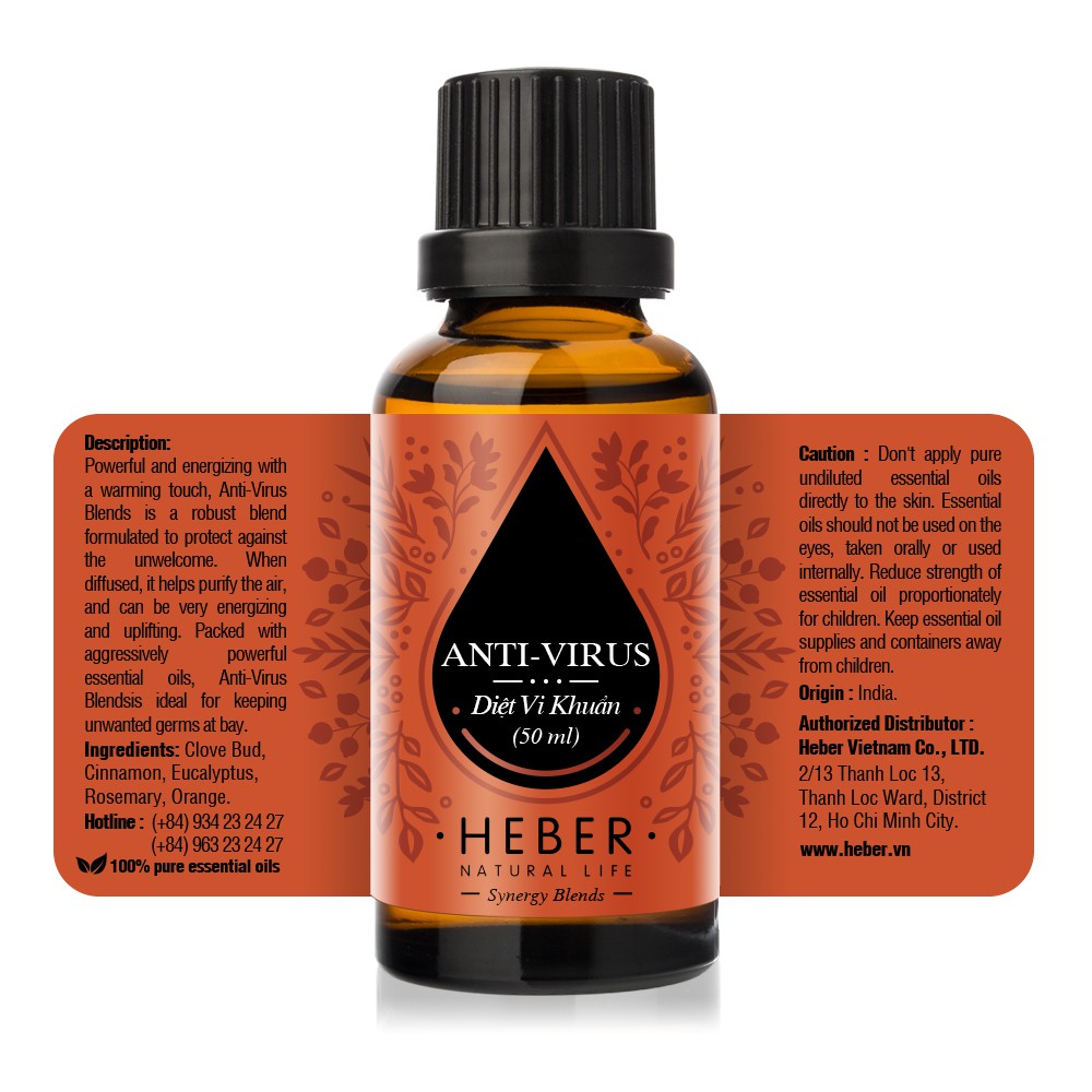 Tinh Dầu Diệt Vi Khuẩn Anti-Virus Blend Heber Natural Life, Cao Cấp Nhập Khẩu, Thiên Nhiên Nguyên Chất, 10ml/30ml/50ml