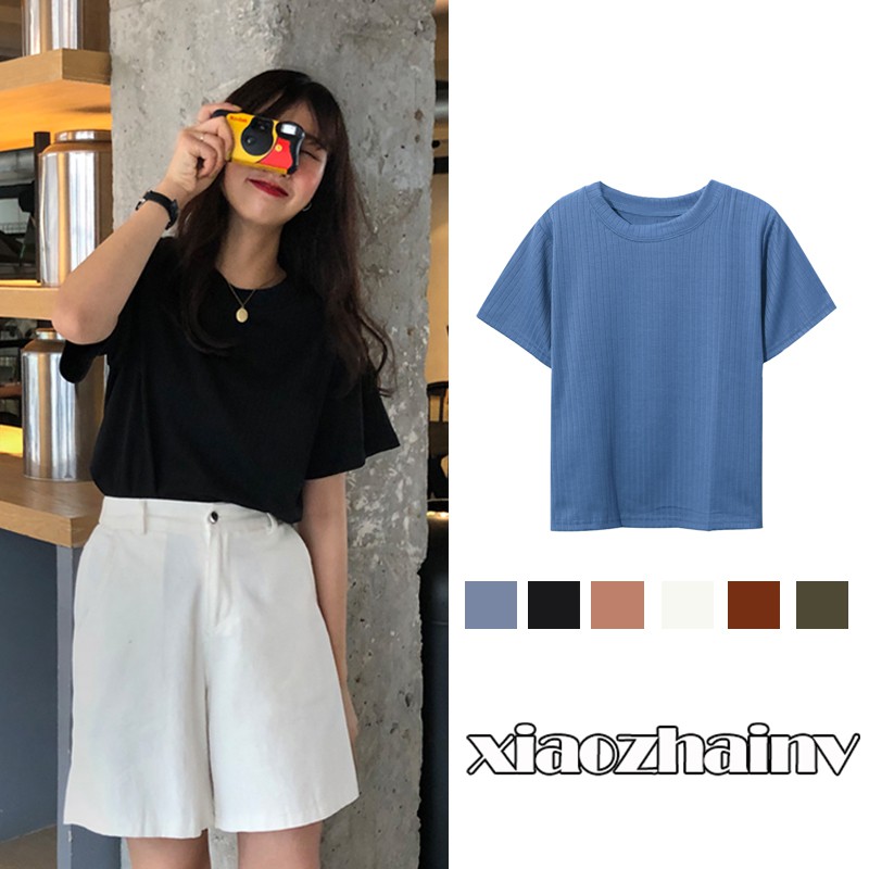 Xiaozhainv Áo Thun Nữ Tay Ngắn Màu Trơn Phong Cách Hàn Quốc