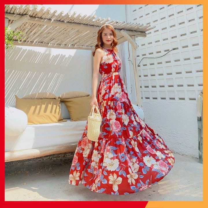 Váy maxi hoa⚡𝑺𝑰𝑬̂𝑼 𝑻𝑶̂𝑵 𝑫𝑨́𝑵𝑮⚡ Váy dáng dài đi biển, vải voan 2 lớp, mềm mại, hàng Quảng Châu cao cấp loại 1 | BigBuy360 - bigbuy360.vn