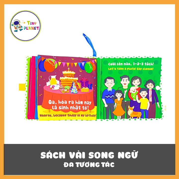 Sách vải song ngữ đa tương tác Nhà tớ có những ai? - Who's is my family? kích thước 18x18cm 12 trang