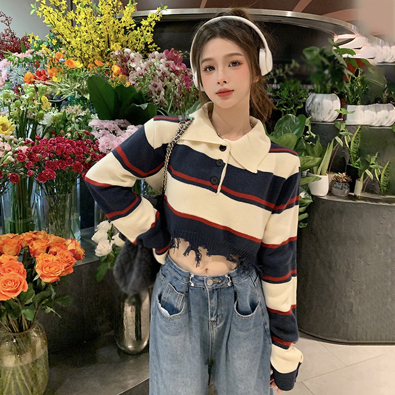 Áo Croptop Dệt Kim Tay Dài Kẻ Sọc Phối Tua Rua Thời Trang Vintage Hàn Quốc Cho Nữ