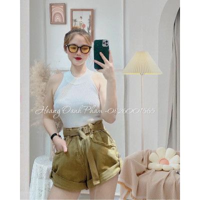 Quần sooc bò đai dù gập vấn gấu tôn dáng Quảng châu