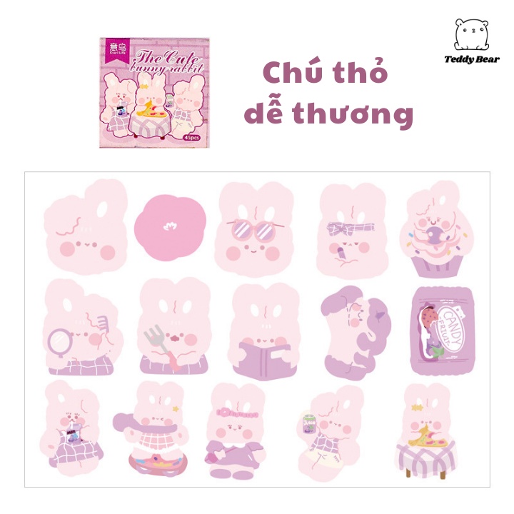 🍉Hộp 45 Sticker Gia Đình Ếch/ Thỏ/ Mèo Siêu Dễ Thương - Miếng Dán Động Vật Trang Trí Sổ DUASHOP.
