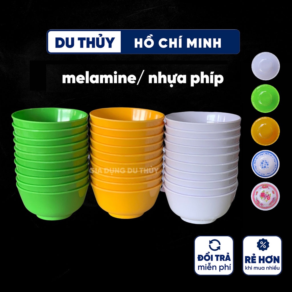 Chén cơm nhựa melamine màu trắng, vàng, xanh và hoa văn nhiều loại nhựa an toàn, bền chắc, lâu phai màu - giadungduthuy