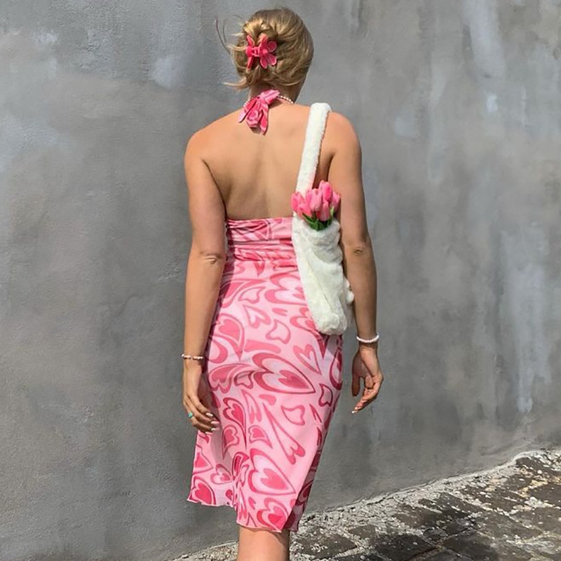 Đầm Dài Hai Dây Thắt Dây In Hình Trái Tim Dành Cho Nữ D0310