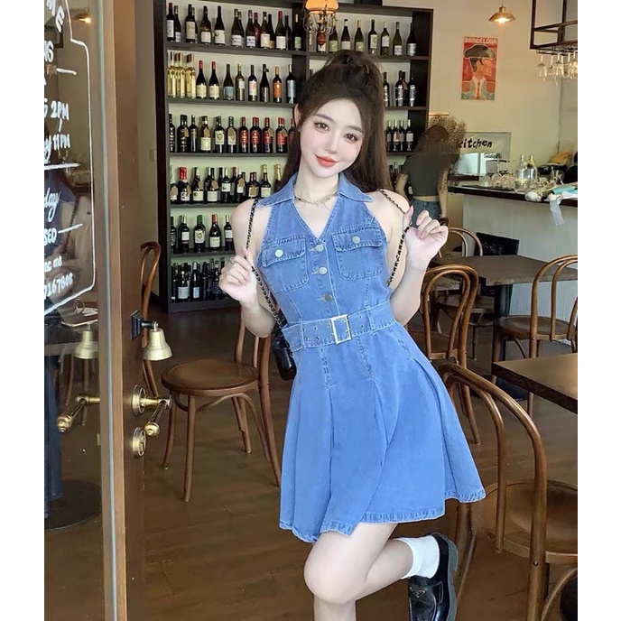 Váy Jeans nữ dáng xòe xếp ly Đầm Denim không tay JV003 Váy bò sát nách thắt eo gọn 2022 mới hót