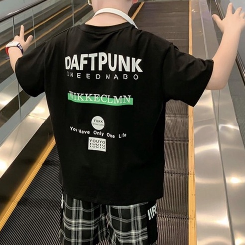 Đồ bộ bé trai CON XINH cotton phối quần caro in chữ DaftPunk,set quần đùi áo thun trẻ em từ 4 đến 10 tuổi