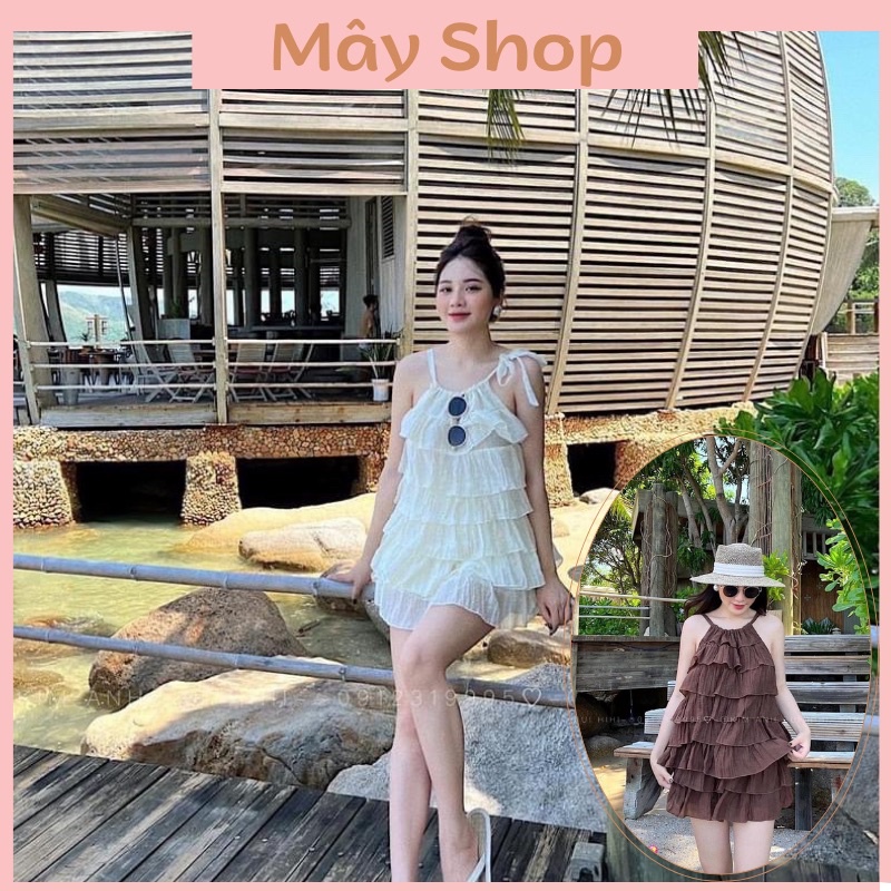 Set Áo 2 Dây Trắng Bèo Tầng Dây Cổ Yếm Điều Chỉnh Chất Đũi Sọc Nhăn Quảng Châu Cao Cấp,Đồ Bộ Mặc Đi Chơi